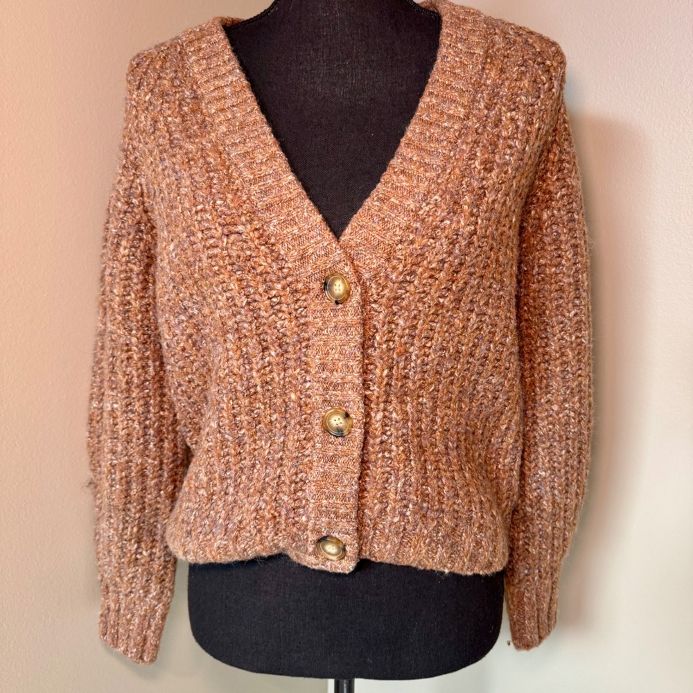 Lucky‎ Brand Womens XS Marled Copper Chunky Ribbed Knit V-Neck Button Cardigan